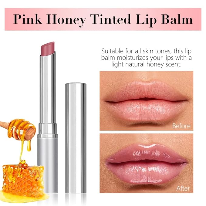 Pink Honey Tinted Lip Stain Lip Balm Lip Gloss Lipstick, Sheer Hydrating Lip Stains Tint, Moisturizing Lip Color for All Skin Tones, Nourishing Lip Balm with a Hint of Natural Black Cherry