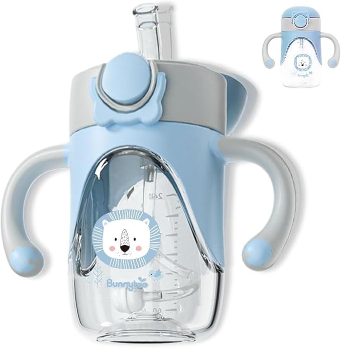 Bunnytoo Baby Sippy Cup with Weighted Straw for Infants 6-12 Months, 8oz Toddler Drinking with Handles, BPA-Free, Transition Trainer for 1+ Year Old (Blue)
