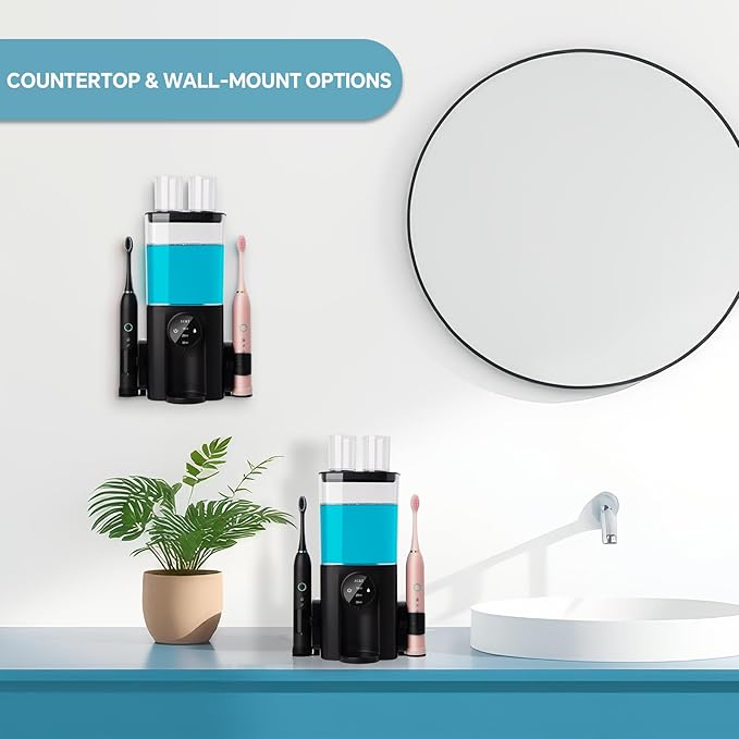 J.C&T Mouthwash Dispenser for Bathroom, 650ML(22 Fl Oz) Smart Mouthwash Dispensers Toothbrush Holders Wall Mounted,Wall Mounted/Countertop Automatic Mouthwash Dispenser for All Age Groups,Black
