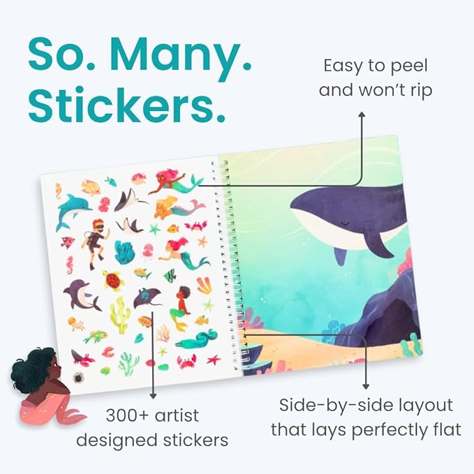 CUPKIN Mermaid Stickers, Toddler Sticker Book for Kids, Fun Toy, Toddler Road Trip Essentials, 300+ Girly Stickers + 8 Sticker Scenes and Coloring Pages, Mermaid Stickers Ages 2+