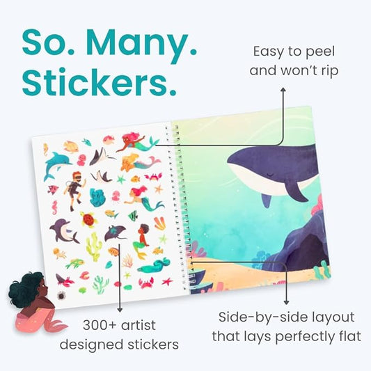 CUPKIN Mermaid Stickers, Toddler Sticker Book for Kids, Fun Toy, Toddler Road Trip Essentials, 300+ Girly Stickers + 8 Sticker Scenes and Coloring Pages, Mermaid Stickers Ages 2+