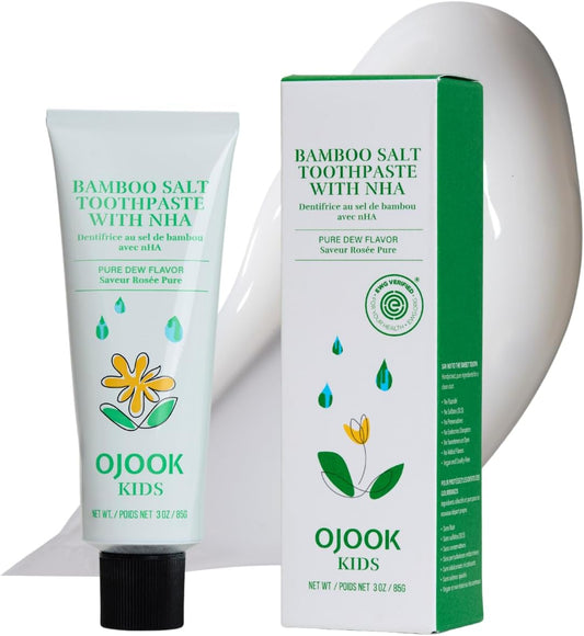 Kids Fluoride Free Bamboo Salt Toothpaste with nHA - Pure Dew | Nano Hydroxyapatite, Remineralizing, Strengthening Enamel for First Teeth, Safe to Swallow (3oz)