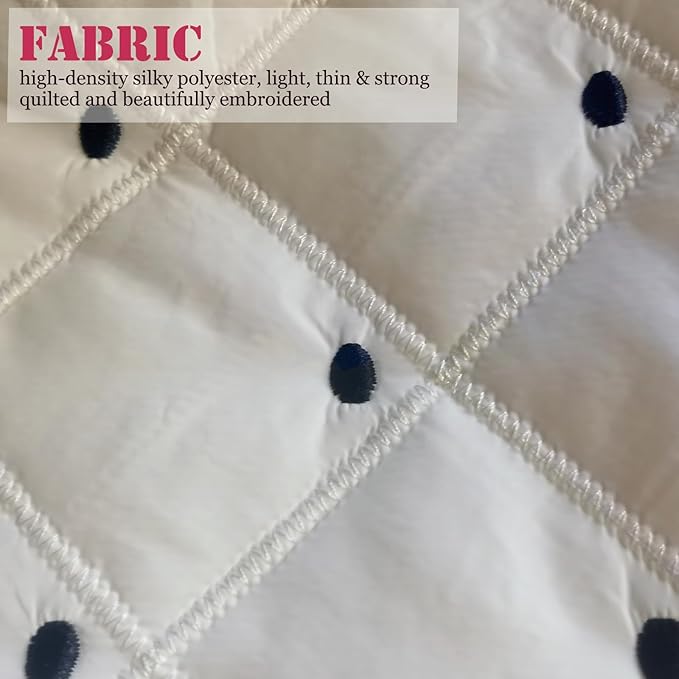 HAPPYHEIDI Aesthetic Quilted Makeup Bag Cosmetic Travel Pouch Purse Organizer, Canvas Lined, Cute Embroidery Diamond Dots Creamy White Silky Polyester