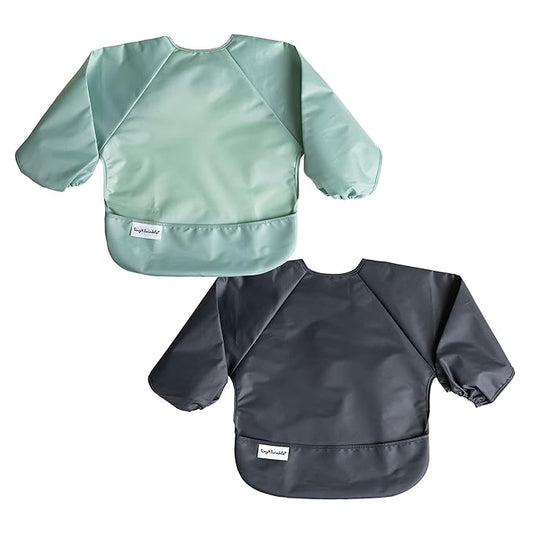 Tiny Twinkle Long Sleeve Bib for Babies & Toddlers – 2 Pack Waterproof Smock Bibs for Eating – Machine Washable & Mess-Proof, Baby Feeding Essential & Shower Must-Have (Sage Charcoal,2-4Y)
