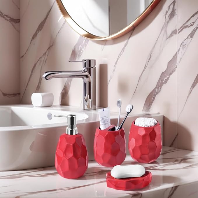 Ceramic Bathroom Accessories Set 4 PCS,Bathroom Toothbrush Holder Set,Soap and Toothbrush Holder Set,Include Toothbrush Holder,Soap Dispenser,Tumbler,Soap Dish,Bathroom Sets Decor Organizer (Red)