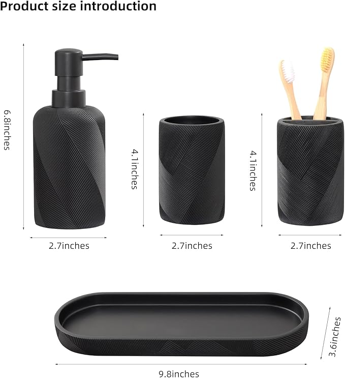 Bathroom Accessories Set, Bathroom Organizer Countertop, Soap Dispenser and Toothbrush Holder, Mouthwash Cup, Tray Set, Vanity Tray for Bathroom, 4 Pieces Modern Decor (Matte Black)