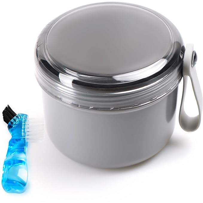 Leak Proof Travel Denture Bath Case for Full Dentures, Denture Cups for Soaking Dentures, Denture Container Cups with Brush for Dentures, Aligner, Retainers, Mouth Guard (Gray)