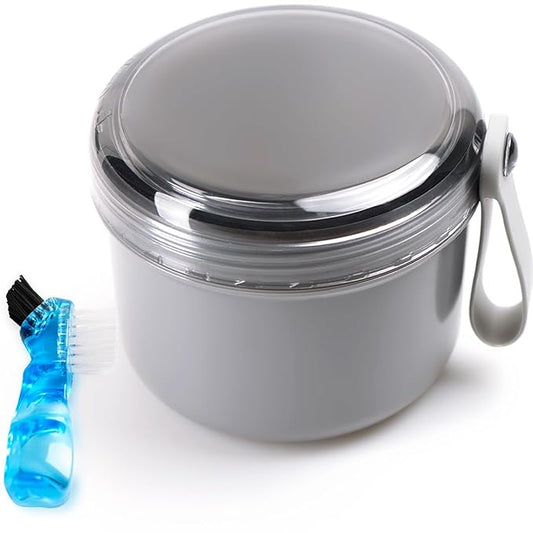 Leak Proof Travel Denture Bath Case for Full Dentures, Denture Cups for Soaking Dentures, Denture Container Cups with Brush for Dentures, Aligner, Retainers, Mouth Guard (Gray)