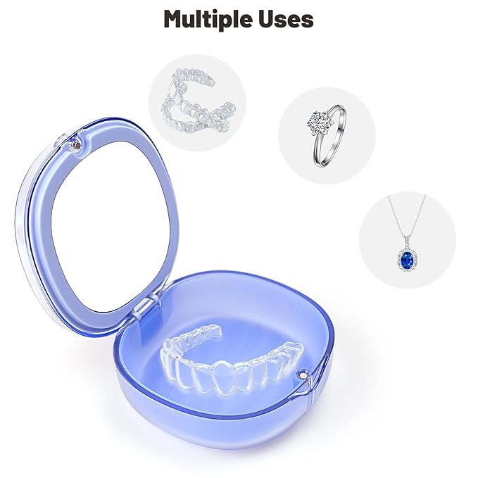Double-layer Retainer Storage Case with Belt Chewing, Removal Tool, Cleaning Brush, Built in Mirror Orthodontic Retainer Container Case, Retainer Travel Case (blue)