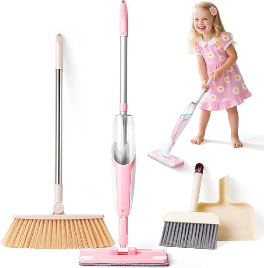 Kids Cleaning Toy Set,Pink Mini Spray Mop Montessori Toys Pretend Play Cleaning Tool for Toddlers with Spray Mop & Kids Broom Dustpan Set Cleaning Toys Gift for Toddlers Girls Boys Age 3+