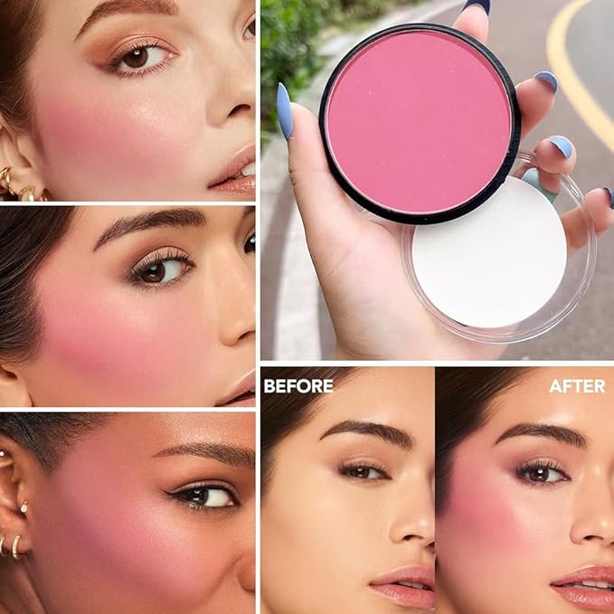 Natural Single Matte for Face Cheeks Blush with Makeup Powder Puff, Pink Red Monochrome Blush Cream Powder Makeup Palette Blushes Long-lasting Color Blendable Foundation for Women Every Day 02