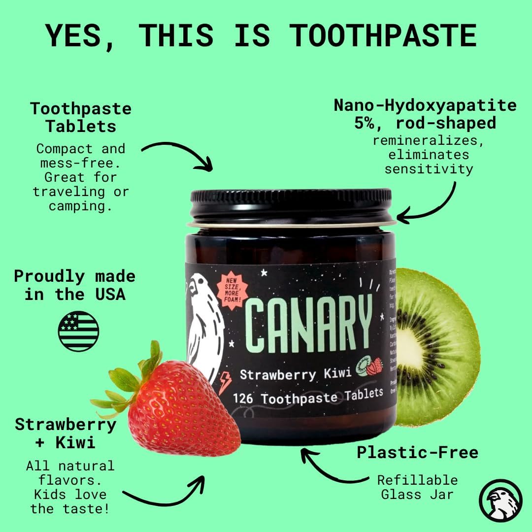 Canary Nano Hydroxyapatite Toothpaste Tablets Strawberry Kiwi - Remineralizing, Fluoride Free, All Natural Tabs with Xylitol - Great for Kids, Plastic Free - 126 Count