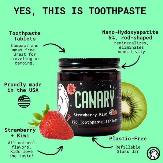 Canary Nano Hydroxyapatite Toothpaste Tablets Strawberry Kiwi - Remineralizing, Fluoride Free, All Natural Tabs with Xylitol - Great for Kids, Plastic Free - 126 Count