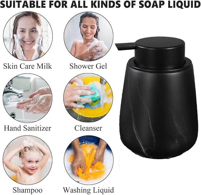 12Oz Ceramic Liquid Soap Dispenser - Modern Lotion Hand Soap Dispenser with Easy-to-Press Black Pump, Reusable and Refillable Dish Soap Dispensers for Bathroom & Kitchen, Marble Black