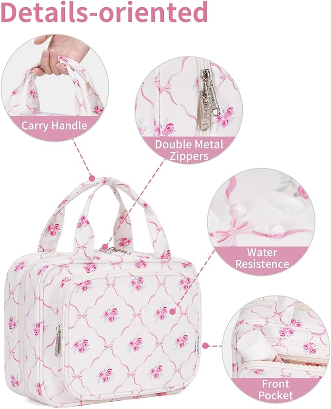 Narwey Hanging Toiletry Bag for Women Travel Makeup Bag Organizer Toiletries Bag for Travel Size Essentials Accessories Cosmetics (Bowknot and Flower (Medium))