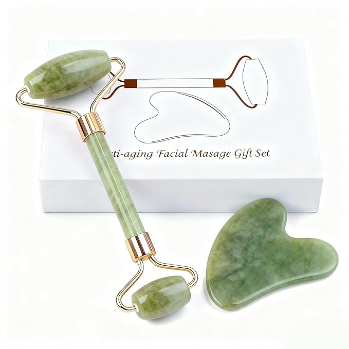 Jade roller and gua sha, facial roller, women's skincare tool, self-care gift, face, eye, neck massager, relieves fine lines and wrinkles, aventurine, opal, rose quartz