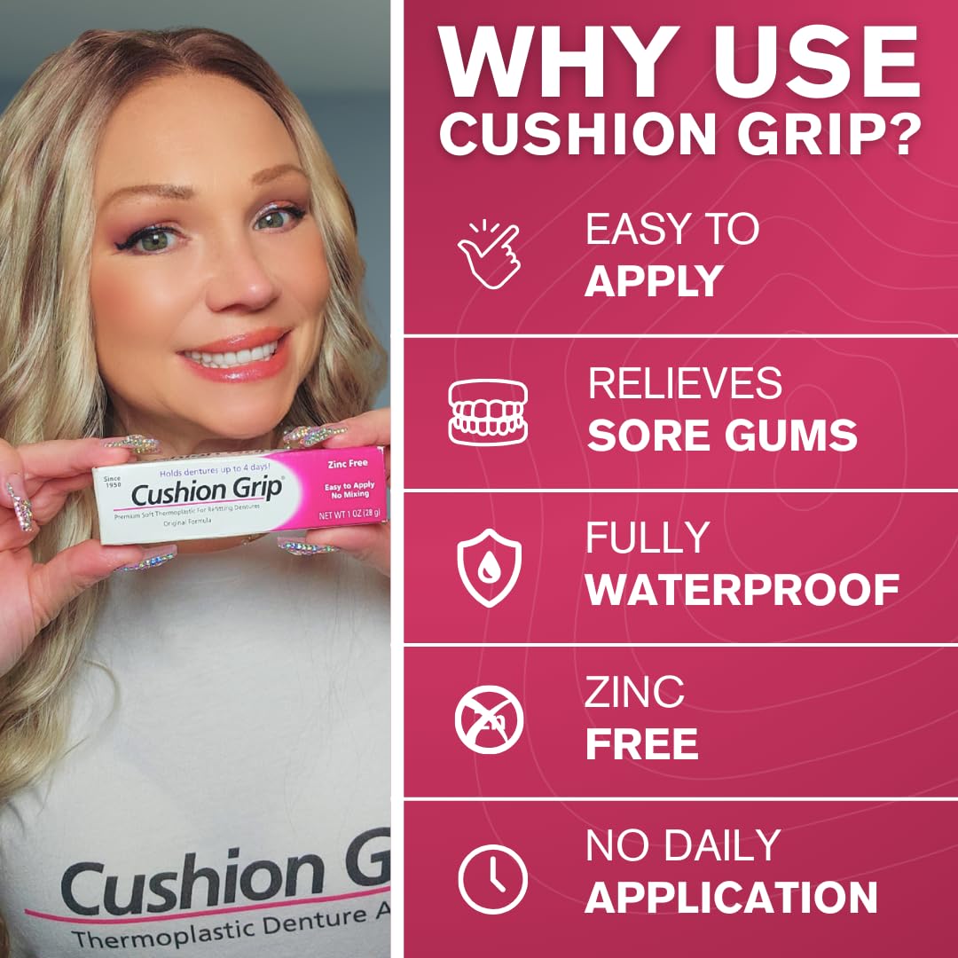 Cushion Grip Thermoplastic Denture Adhesive 1oz (5 Pack)–Extra Strong Hold Up to 4 Days, Unmatched Strength, Waterproof & Zinc Free, Relieves Sore Gums, Comfortable Refit, Long Lasting Denture Refit