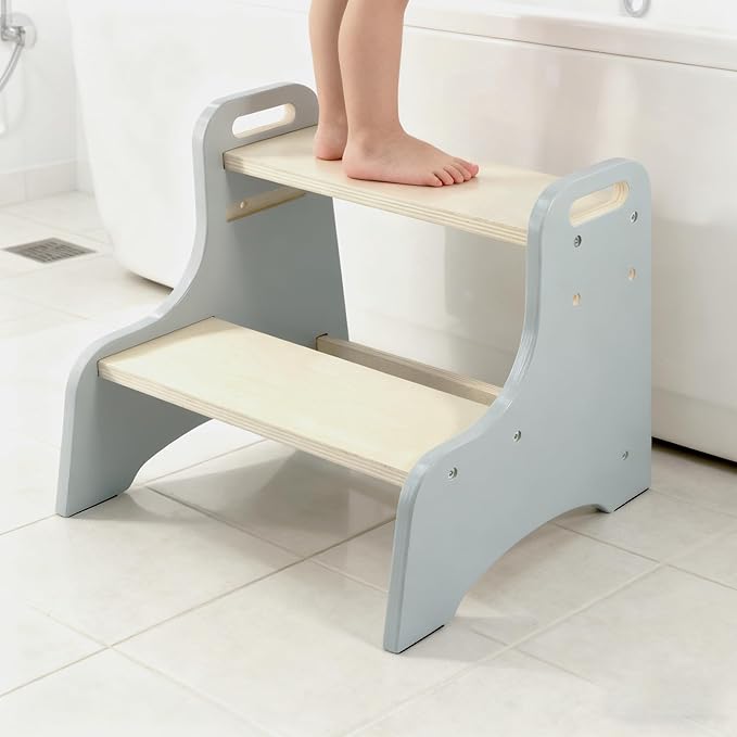 Toddler Step Stool, 2-Step Wooden Step Stool with Adjustable Hight, Sturdy 330lbs Capacity Kid Stool for Toddlers, Easy-Wipe Surface (Natural Grey)