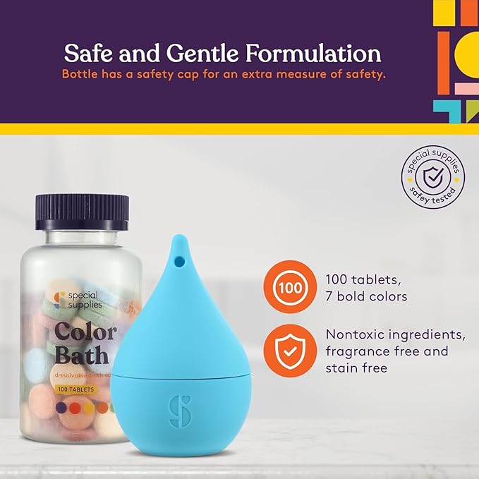 Special Supplies Color Bath Tablets for Kids, 100-Count, Dissolvable, Water Color-Changing Fun, Non-Staining Dye, Cute Toy Included