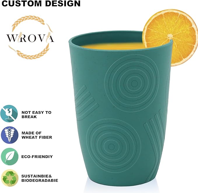 Wrova Wheat Straw Water Cups 16oz with Etched Pattern - Alternative Plastic Drinking Glasses Set of 6 - Unbreakable Tumbler Cups for Kids - Vibrant Series