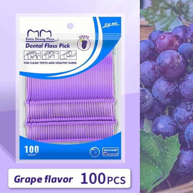 Fruit Flavored Floss，toothpicks，Cleaning Teeth，Ultra-fine Dental Floss Stick, Fight Tooth Decay and Keep Your Teeth Clean，Teeth Cleaning Tool (200 Pieces (Bagged/Single line), Grape+Orange Flavor)
