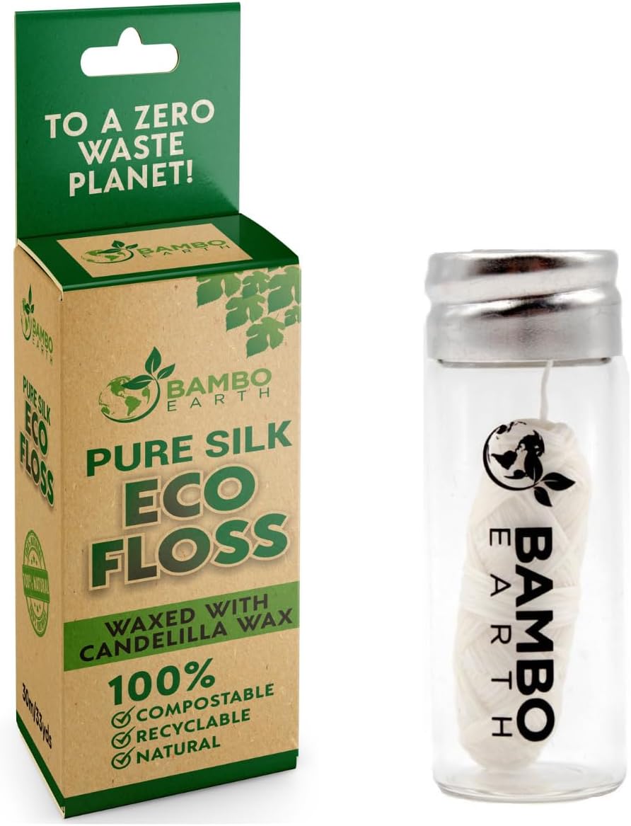 Biodegradable Mint Dental Tooth Lace Floss With Refillable & Reusable Glass Holder - 100% Organic Natural and Compostable Teeth Silk Spool Waxed With Candelilla Wax & Eco-Friendly Zero Waste Packaging