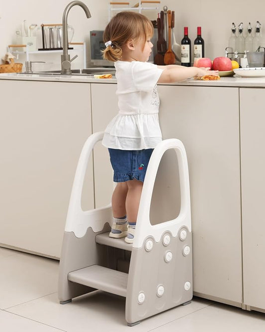 Two Step Stool with Handrails for Toddler and Kids, Standing Learning Stool Tower for Bathroom Sink, Potty Training, Children Step Up Learning Helper with Handles and Safety Non-Slip Pads(Gray)