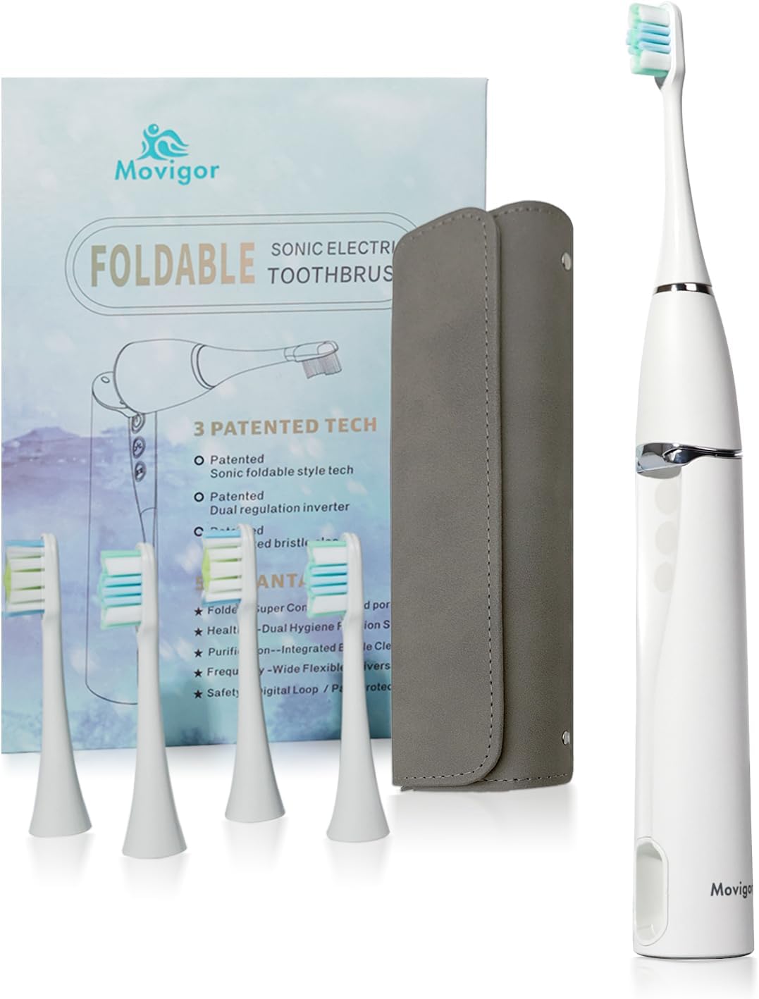 Foldable Electric Toothbrush,UVLED-Cleaning, Sonic Electric Toothbrushes for Adults with 4 Brush Heads, Flexible Amplitude and USBC Fast Rechargeable Travel Toothbrush -White