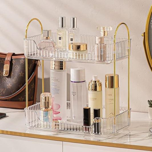 2 Tier Clear Countertop Storage - Bathroom & Kitchen Organizer, Cosmetics & Makeup Shelf, Spice Rack