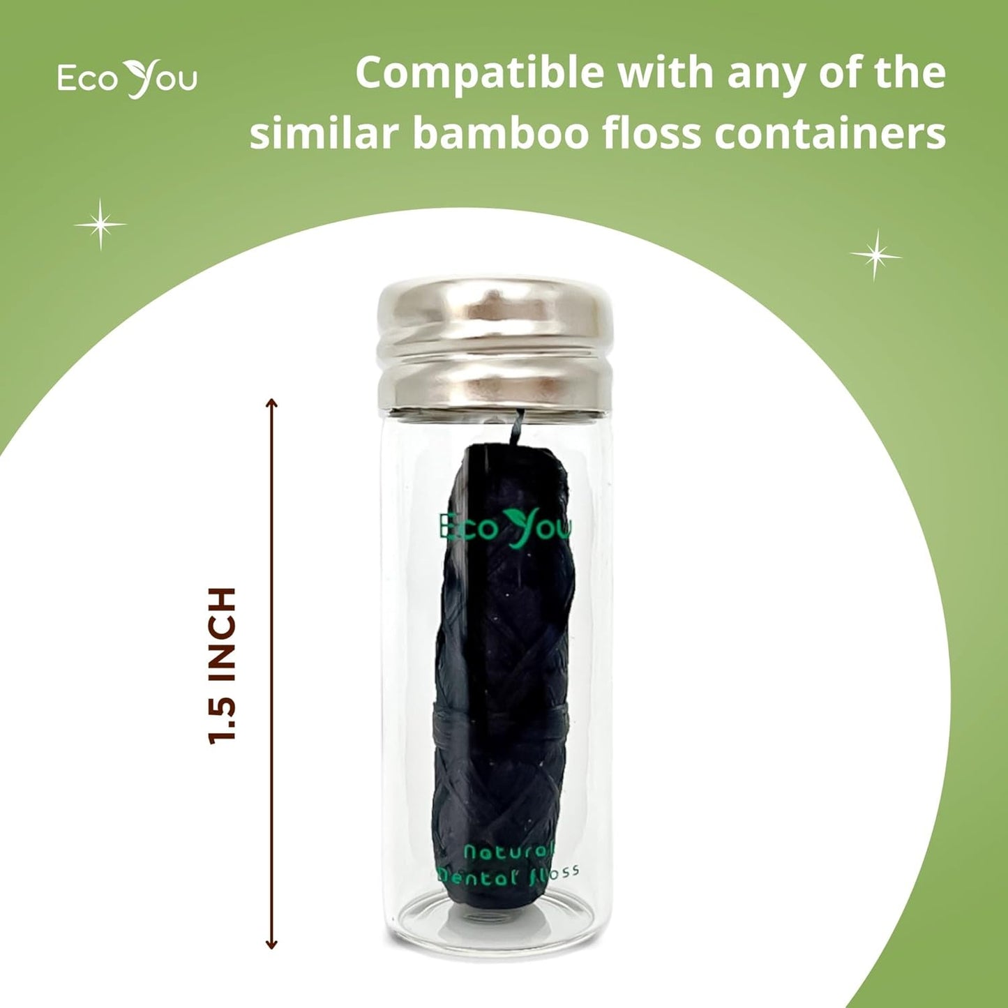 Charcoal Bamboo Floss | 1 Non Toxic Natural Floss Refill with Glass Container | Organic Mint & Candelilla Wax | Vegan & Biodegradable | Compatible with Similar Size Dental Silk Containers