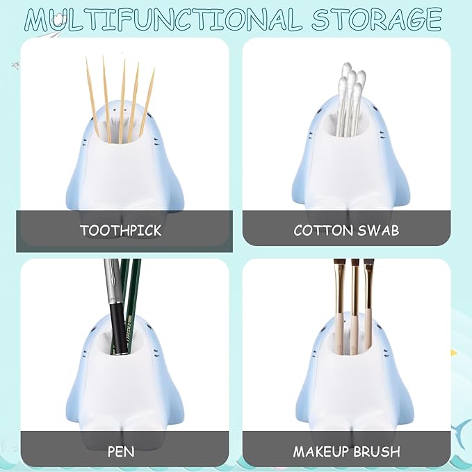 Cute Animal Toothbrush Holder - Shark Pen Pencil Holder,Mini Resin Freestanding Storage Base for Box Pen Brush Toothpick Desktop Storage Container, Washroom Office Organizer Accessories (Shark)