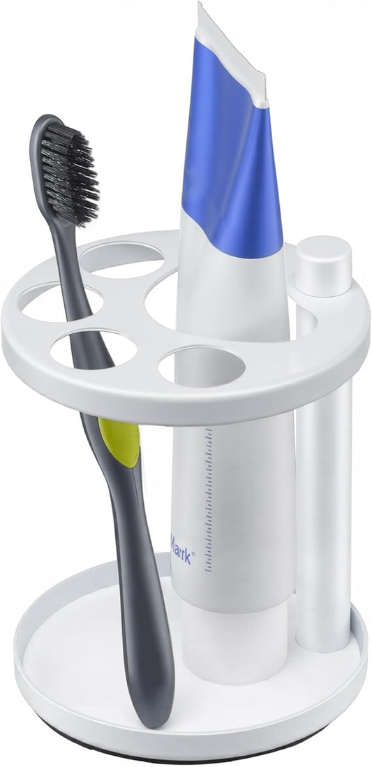 Metal Toothbrush Holder Stand for Bathroom: Stainless Steel Ventilated Organizer with Slots for Electric Toothbrushes, Toothpaste, Razors & Small Comb, Unique Footprint Base Design, White