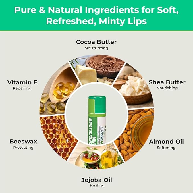 RaGaNaturals Natural Mint Lip Balm - Hydrating Lip Moisturizer for Dry & Cracked Lips with Shea Butter, Cocoa Butter, Vitamin E & Beeswax - Refreshing Mint, Non-Tinted For Wommen, Men & Kids – 4 Pack