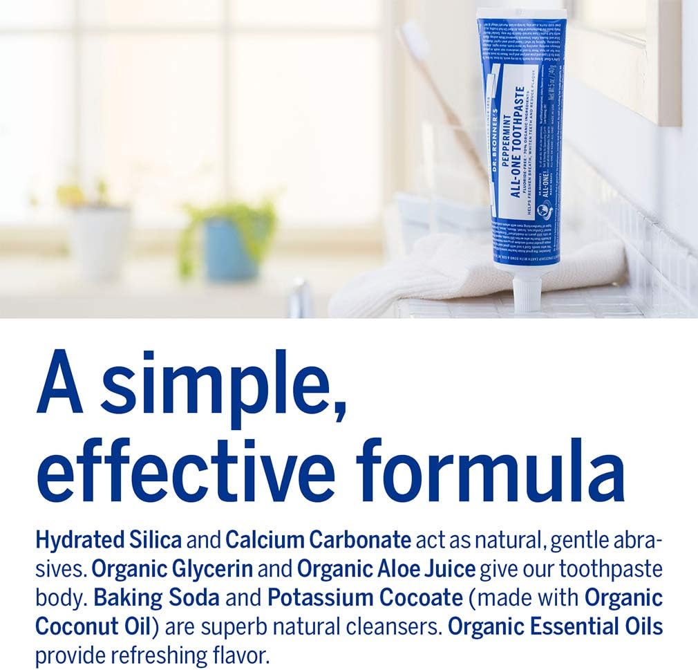 Dr. Bronner's All-One Toothpaste 4-Pack Variety– (Peppermint, Spearmint, Cinnamon, Anise, 5oz Each)– 70% Organic Ingridients, SLS Free Toothpaste, Fluoride Free, Natural, Vegan, for Sensitive Teeth