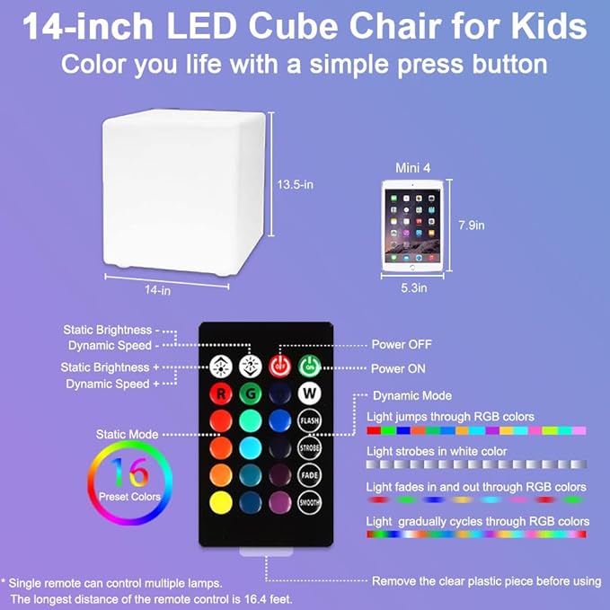 LED Cube Chair for Kids, 14-Inch RGB Color Changing LED Cube Seat w/Remote, Versatile Lighted Up Modern Side Table Glowing Nightstand Soothing Mood Light for Bedroom Living Room Patio, Fun & Practica