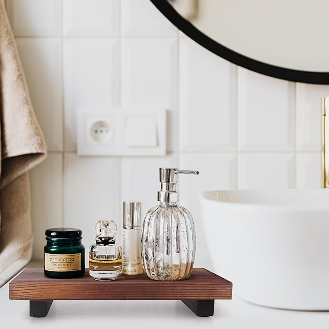 Farmhouse Bathroom Tray Organizer Wooden Riser Stand Wood Trays for Kitchen Counter Decor Pedestal Dish Soap Dispenser Holder Kitchen Sink Tray Modern Bathroom Vanity Accessories Decorative Trays