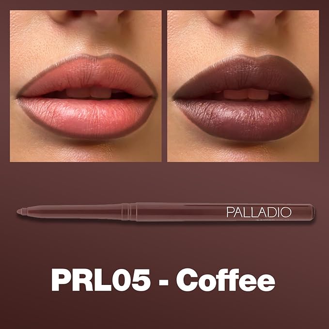 Palladio Retractable Waterproof Lip Liner High Pigmented and Creamy Color Slim Twist Up Smudge Proof Formula with Long Lasting All Day Wear No Sharpener Required, Coffee