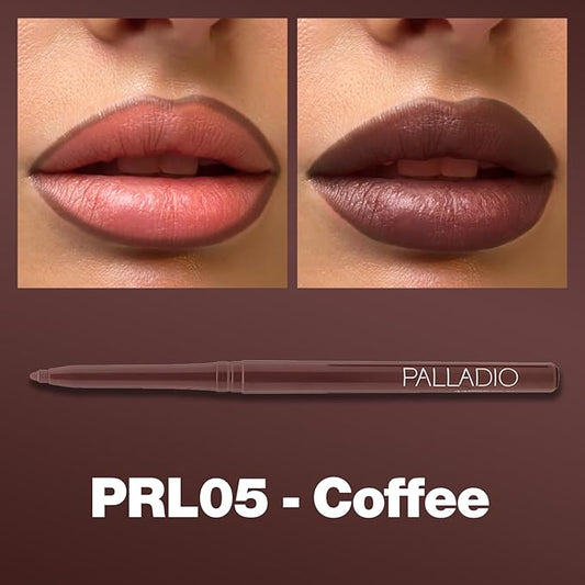 Palladio Retractable Waterproof Lip Liner High Pigmented and Creamy Color Slim Twist Up Smudge Proof Formula with Long Lasting All Day Wear No Sharpener Required, Coffee