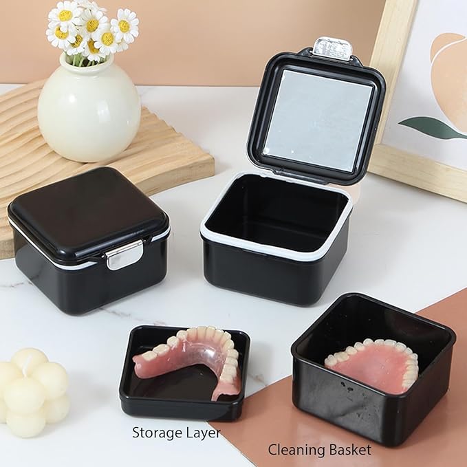 AARAINBOW Retainer Cleaner Case, Leak Proof Denture Bath Box with Strainer Basket, 2 in 1 Denture Container for Travel, Braces Storage Bath Box Mouth Guard Cleaning Denture Holder (B Black)