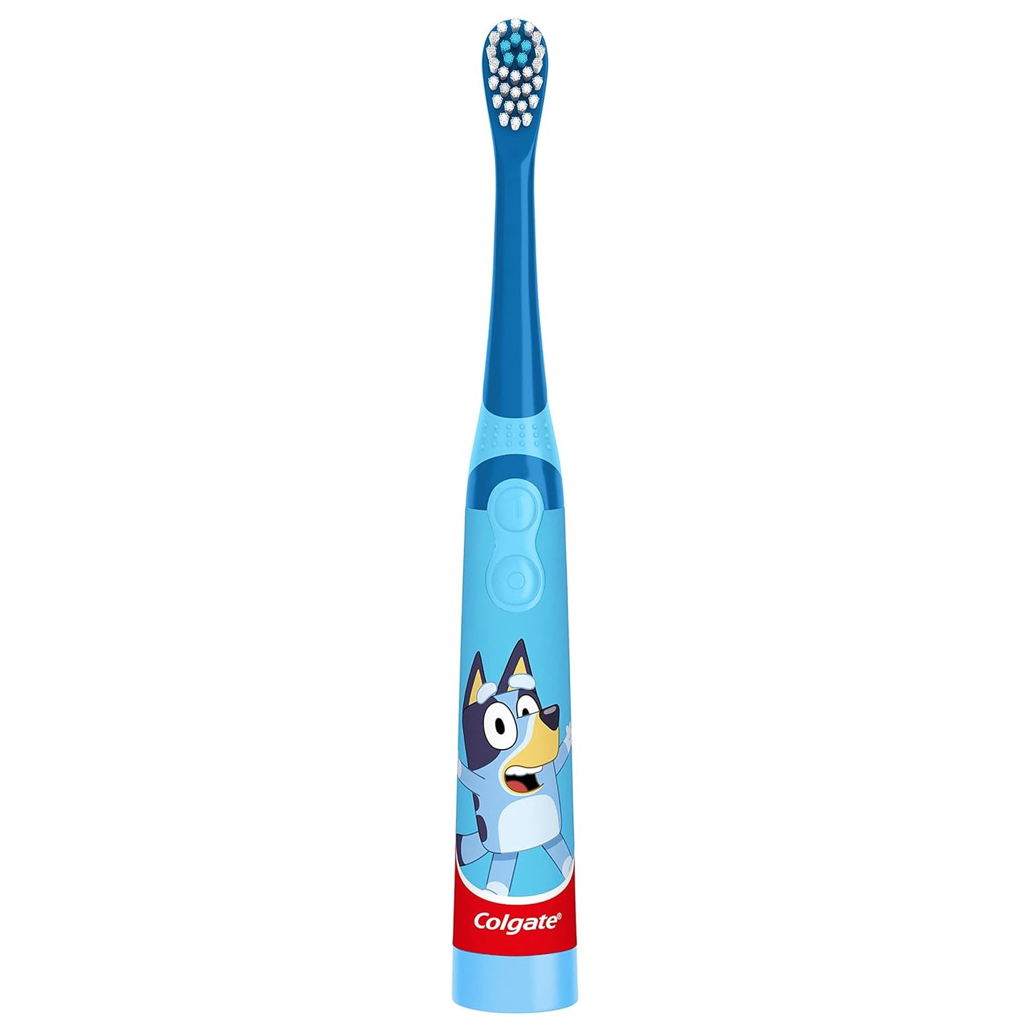 Colgate Kids Battery Powered Toothbrush With AA Battery, Extra Soft Bristles, Flat-Laying Handle to Prevent Rolling, Bluey, 2 Pack