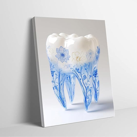 SchindlerBang Medical Dentistry Wall Decor,Blue-and-White Porcelain Teeth Art,Contemporary Clinic Office Canvas,Modern Home Aesthetic,12x16inch Framed Painting Ready to Hang