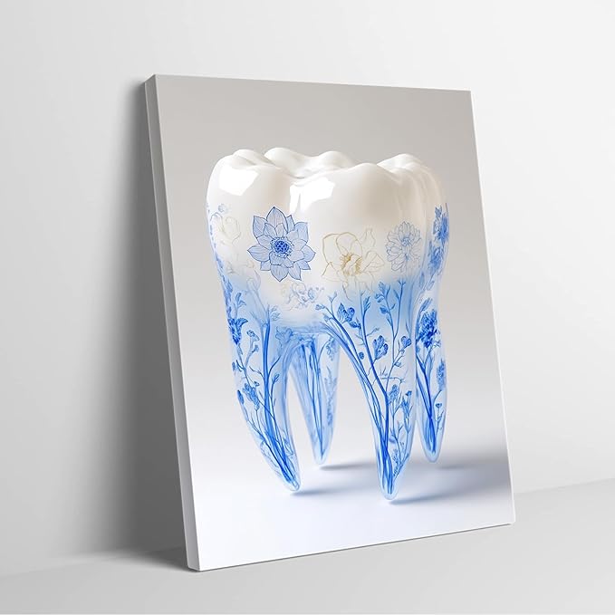 Dental Office Canvas Art,Chinese Blue-and-White Porcelain Teeth Decor,Modern Clinic Wall Painting,Home Office Aesthetic,8x12inch Framed Print Ready to Hang