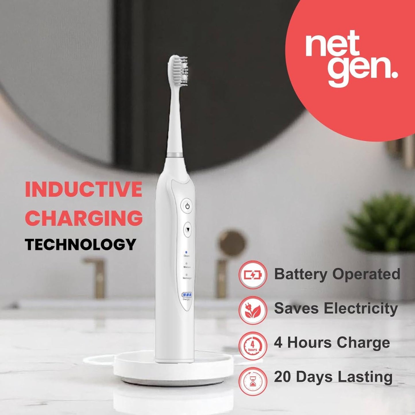 Sonic Electric Toothbrush for Adults with 5 Toothbrush Replacement Heads, 3 Brushing Modes & 2 Minutes Built-in Timer, Travel Toothbrushes with Inductive Charging, Rechargeable toothbrush | White