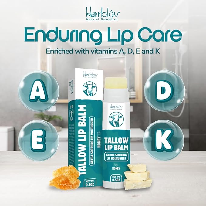 Beef Tallow Lip Balm – Natural Tallow Beeswax Chapstick – Hydrating Moisturizer Grass Fed Bison Tallow Balm Lip Care – Soothes Chapped, Dry Lips, Sensitive Skin – Long Lasting & Vitamin Rich USA-Made