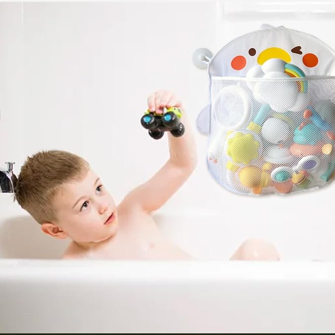 EMVANV Mesh Bath Toy Organizer，Wth 2 Suction Cups Hanging Mesh Bathtub Toy Holder for Kids and Baby Compatible with Bath Toy Storage(White)