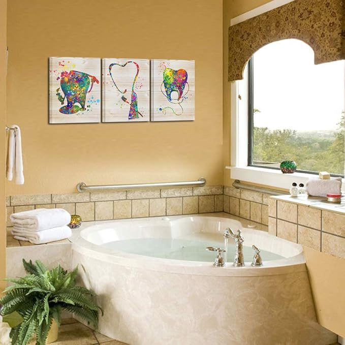 KREATIVE ARTS Brush Your Teeth Framed Canvas Art for Kids Bathroom Watercolor Painting Funny Poster Prints Teeth Anatomy Stomatology Wall Picture Print Dental Clinic Doctor Office Decor