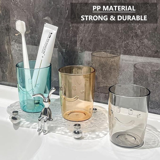4Pcs Bathroom Tumbler Toothbrush Cups, Smiley Unbreakable Toothbrush Holders, Reusable Drinking Cups Plastic Mouthwash Cup Bathroom Brushing Cup 300ml (4 Colors), Beige, Blue, Gray, Brown
