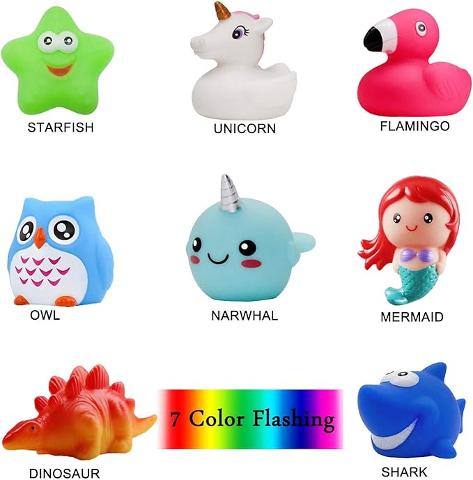 Bath Toys (8 Packs Rubber Animals Toys) Light Up Floating Rubber Toys Flashing Color Changing Light in Water Bathtub Shower Games Toy for Baby Kids Toddler Child