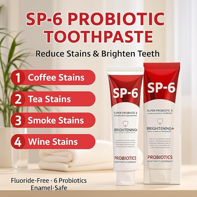 SP-6 Probiotic Whitening Toothpaste - Advanced Deep Stain Removal for Coffee, Tea & Smokers - Natural Teeth Whitener for Sensitive Enamel - Fresh Breath Mint Flavor [2 Pack / 2x100g]