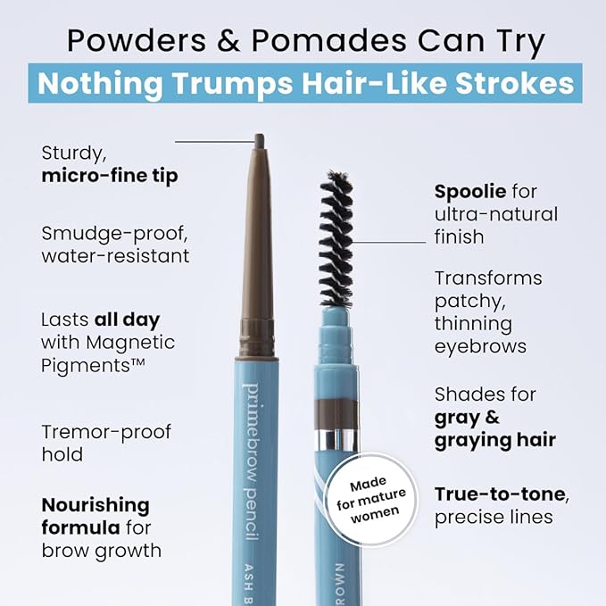 Prime Prometics PrimeBrow Pencil for Mature Women – Ultra-Precise Tip for Natural, Hair-Like Strokes – Smudge-Proof & Long-Lasting Wear – Great for Thinning, Sparse, or Graying Brows (Ash Brown)